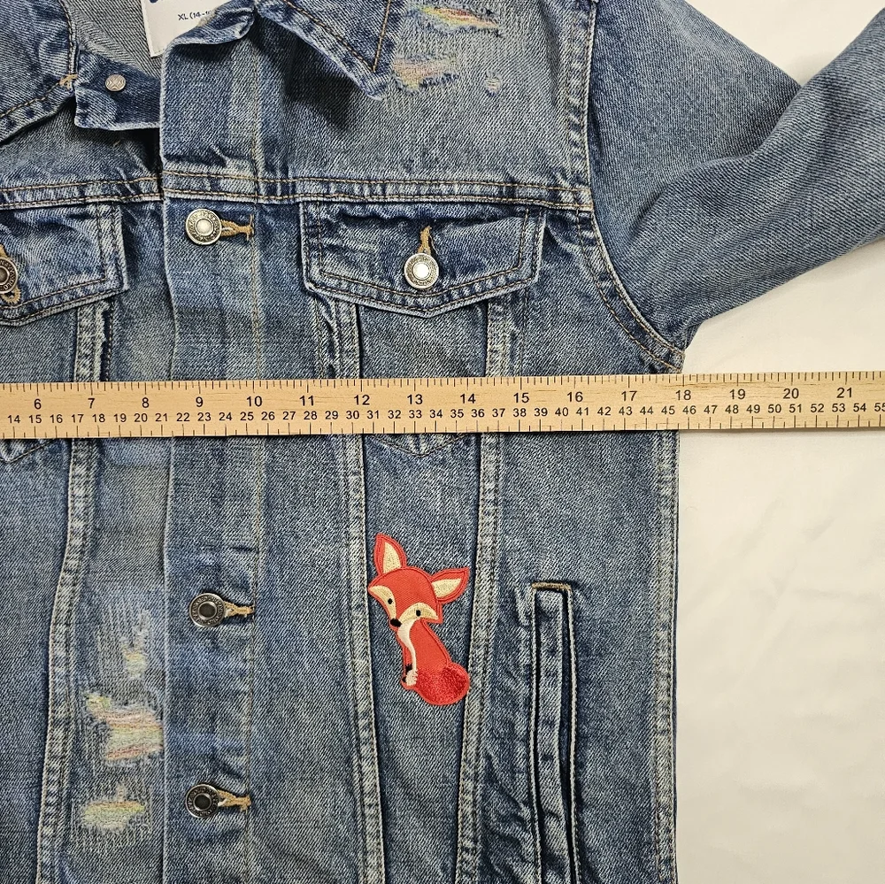 Old Navy Kids Denim Trucker Jacket Distressed Size XL Rainbow Fox Cartoon